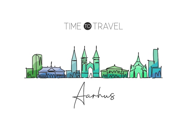 One continuous line drawing Aarhus city skyline Denmark Beautiful landmark home wall decor poster