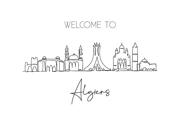 One continuous line drawing of Algiers city skyline Algeria Beautiful landmark design vector