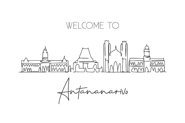 One continuous line drawing Antananarivo skyline Madagascar Beautiful city landmark design vector