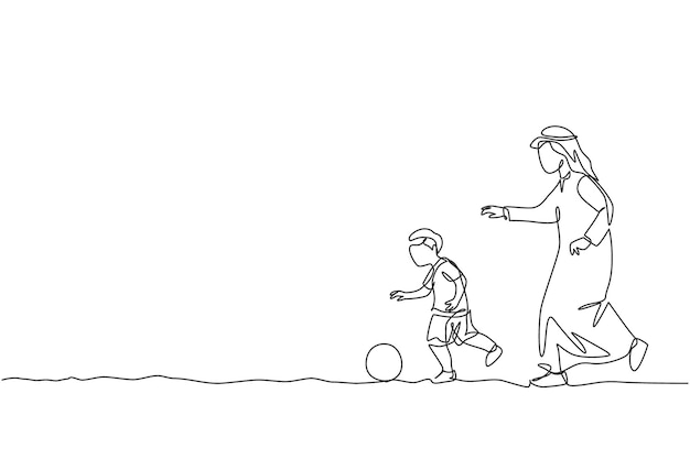 サッカーをするアラビア人の父親と息子を描く 1 つの連続線画幸せなイスラム教徒の愛情