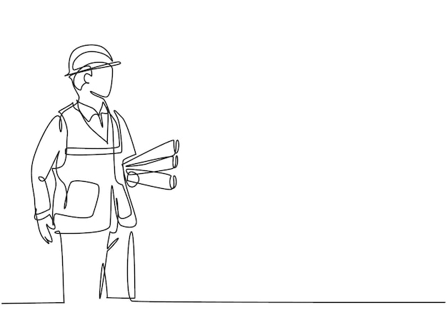 One continuous line drawing architect holding roll papers of draft sketch blueprint design vector