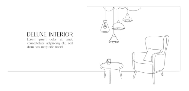 Одна непрерывная линия рисунка кресла и подвесной лампы Современная лофтовая мебель для интерьера гостиной в простом линейном стиле Редактируемый штрих Doodle Vector illustration