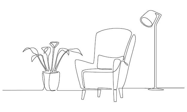 One continuous Line drawing of armchair and lamp and plant. Modern flat furniture for living room interior in simple linear style. Editable stroke Vector illustration