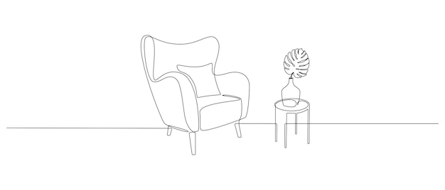 Vector one continuous line drawing of armchair and lamp and potted plant modern rustic furniture for living room interior in simple linear style editable stroke doodle vector illustration