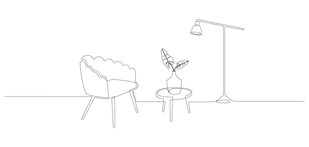 One continuous line drawing of armchair and loft floor lamp and vase with plant Modern scandinavian and soft furniture chair in simple linear style Editable stroke Doodle vector illustration