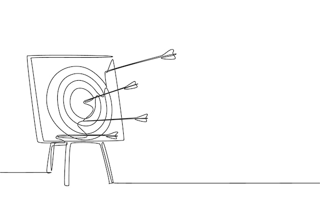 One continuous line drawing of arrows was shoot to an archery target board Archery sport training