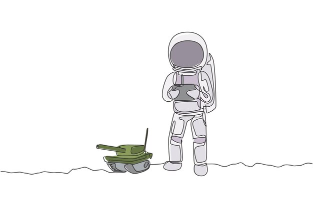 One continuous line drawing of astronaut playing war tank radio control in moon cosmic galaxy vector