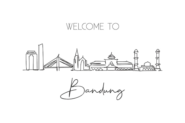 One continuous line drawing of Bandung skyline India Landmark world landscape design graphic vector