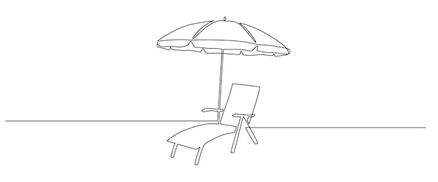 비치 파라솔과 의자에 대한 하나의 연속 선 그리기 단순한 선형 스타일 Editable stroke Doodle 벡터 그림으로 여름 휴가 및 낙원 섬과 바다 여행의 개념