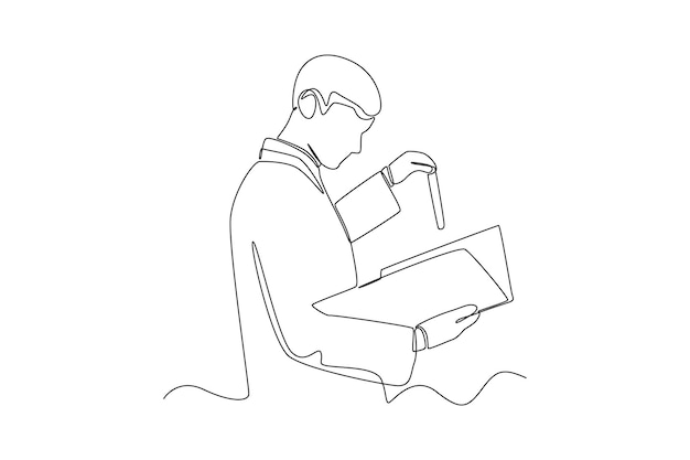 One continuous line drawing of boy student check the research results