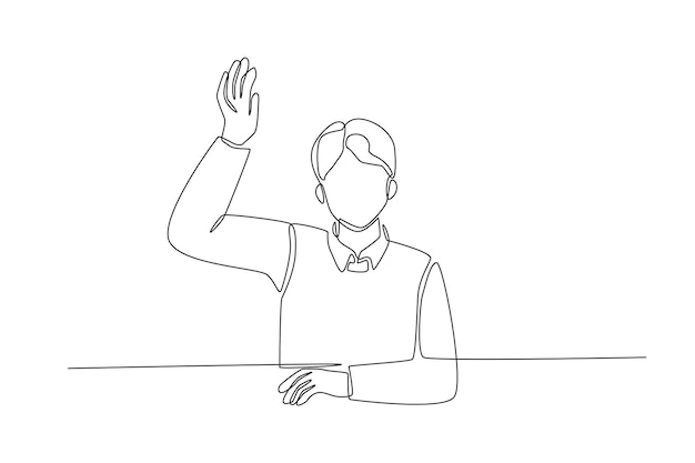 One continuous line drawing of boy student raising his arm to answer teacher's question during class in the classroom Back to school concept Single line draw design vector graphic illustration