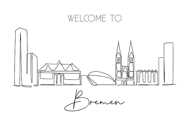 Vector one continuous line drawing bremen city skyline germany beautiful skyscraper world landscape art