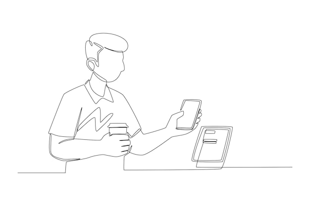 One continuous line drawing of businessman holds drink and pays with smartphone in store Shopping Mall concept Single line draw design vector graphic illustration