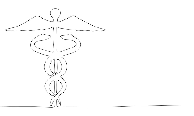 医学のシンボルとしてのカドゥケウスの連続線画 細いカールとロマンチックなシンボル