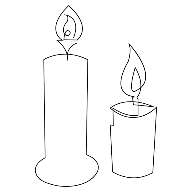 One continuous line drawing of candle lighted and Burning fire and melting candle Light in the dark