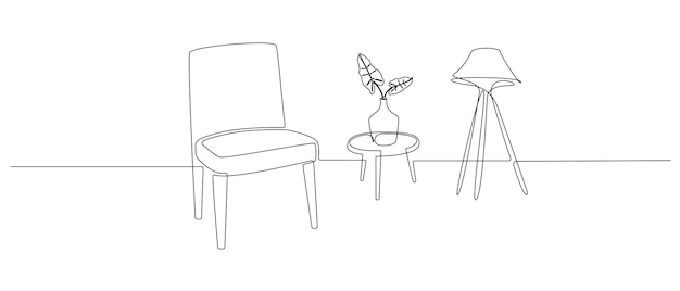 植物と椅子とロフトランプと花瓶の1つの連続線画シンプルな線形スタイルのモダンなスカンジナビアとロフト家具のアームチェア編集可能なストローク落書きベクトルイラスト