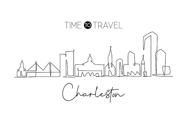 One continuous line drawing charleston city skyline south carolina beautiful landmark wall decor