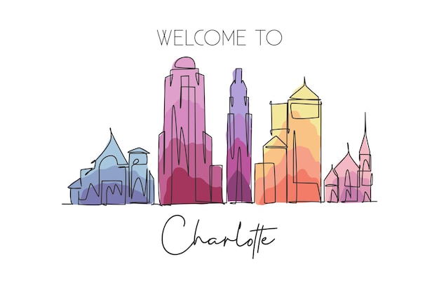 Vector one continuous line drawing charlotte city skyline united state beautiful landmark design vector