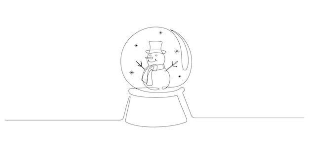 One continuous line drawing of Christmas crystal snow globe with snowman Magic glass ball for winter xmas holiday concept in simple linear style Editable stroke Doodle vector illustration