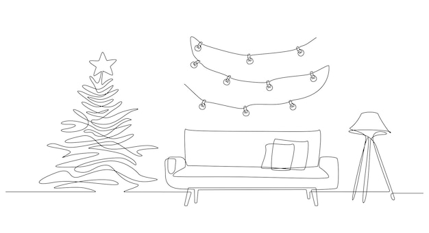 One continuous line drawing of christmas interior with sofa lamp and christmas tree and garland