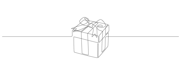 One continuous line drawing of christmas present box with ribbon and bow festive gift and wrapped birthday surprise package in simple linear style doodle outline vector illustration