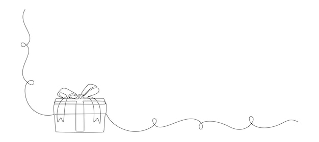 One Continuous line drawing of Christmas Present box with ribbon and bow Festive gift and Wrapped birthday surprise package in simple linear style Silhouette Doodle vector illustration