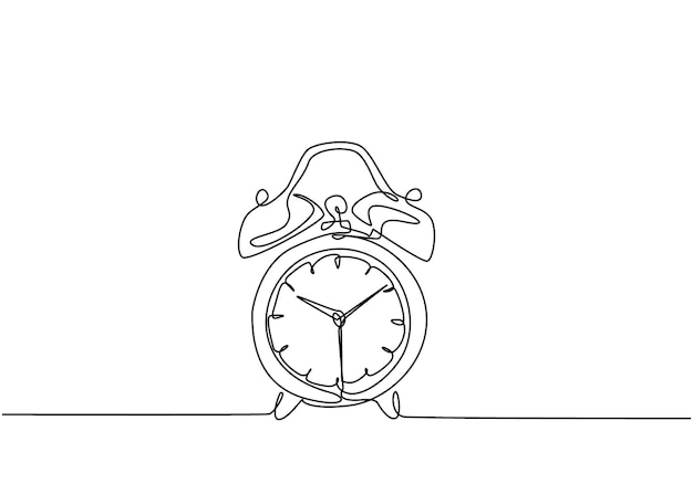 One continuous line drawing of classic analog desk alarm clock with big ring bell to tell the time