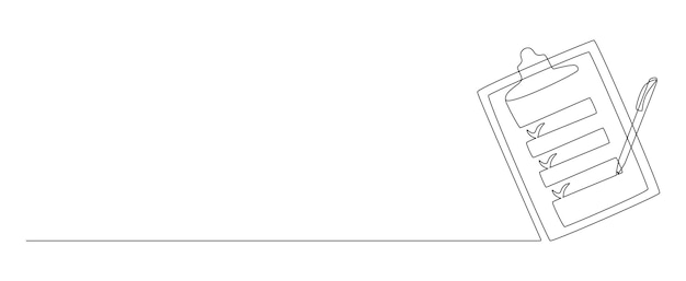 チェックリストとペンを使用したクリップボードの1つの連続線画目盛りとテストの専門知識と単純な線形スタイルでの試験の概念を含むTo doリスト編集可能なストローク落書きベクトル図