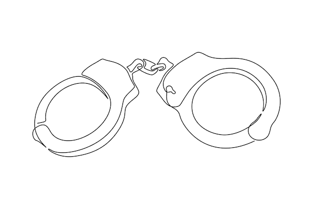 One continuous line drawing of closed handcuffs symbol of police justice and jail convict concept in simple linear style true crime icon with editable stroke doodle vector illustration