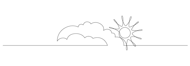 Un disegno a linea continua di nuvole con il sole nel cielo simbolo del tempo e concetto di archiviazione in semplice stile lineare tratto modificabile illustrazione del vettore doodle