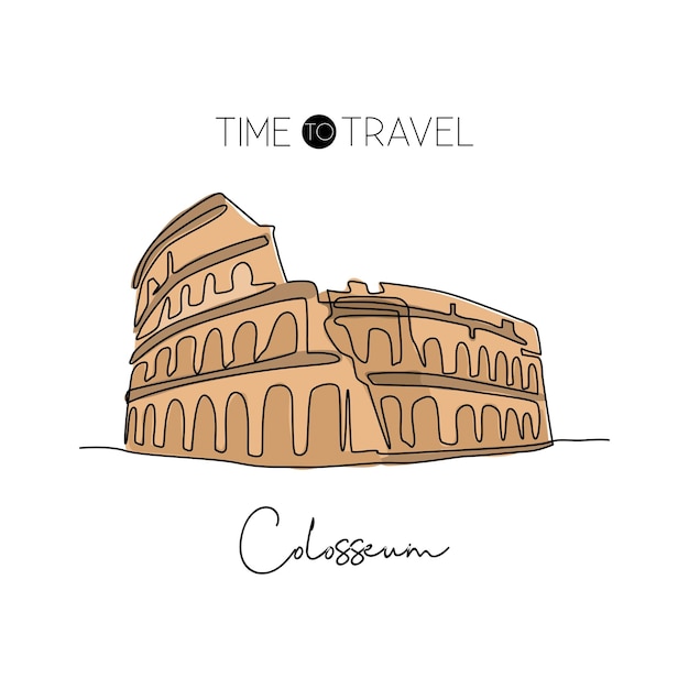 One continuous line drawing Colosseum amphitheater landmark place in Rome design vector illustration