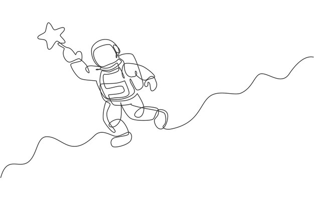 Vector one continuous line drawing cosmonaut exploring outer space astronaut reaching flying star vector
