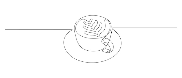 コーヒーカップとラテアートの連続ライン画カフェメニューの朝食のミニマリストの現代的なコンセプトとシンプルな線形スタイルのウェブバナー 編集可能なストローク ドゥードルベクトルイラスト