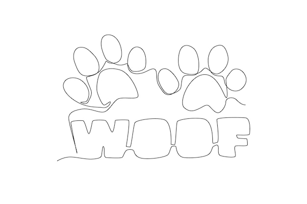 Un disegno a linea continua di adorabile tipografia animale domestico citazione woof per il suono del cucciolo di cane