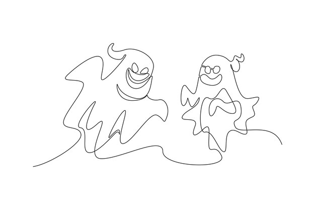 One continuous line drawing of Cute funny happy ghosts concept Doodle vector illustration in simple linear style