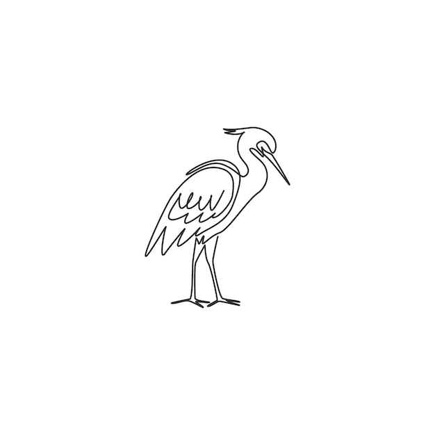 One continuous line drawing of a cute standing heron Coastal bird mascot for national park icon