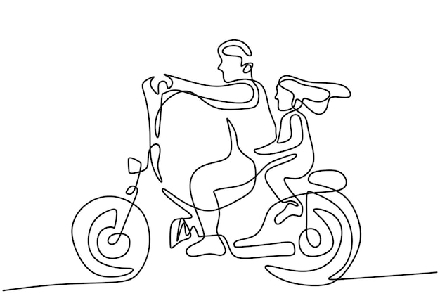 One continuous line drawing of a daddy with his daughter on motorcycle Happy dad riding motorbike with little girl at the street Father's Day minimalist concept isolated on white background