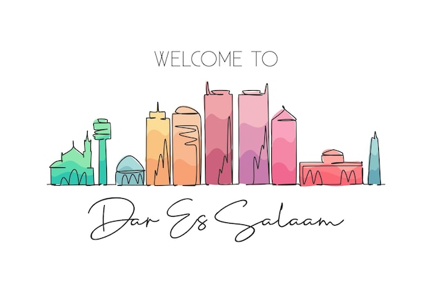 One continuous line drawing of Dar Es Salaam skyline Tanzania Beautiful city landmark design vector