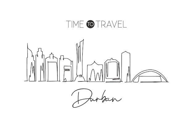 One continuous line drawing of Durban city skyline South Africa Beautiful landmark postcard print