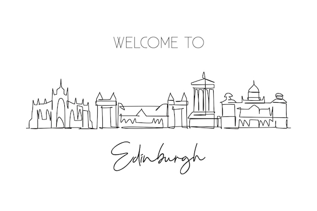 Vector one continuous line drawing edinburgh city skyline scotland beautiful landmark draw design vector