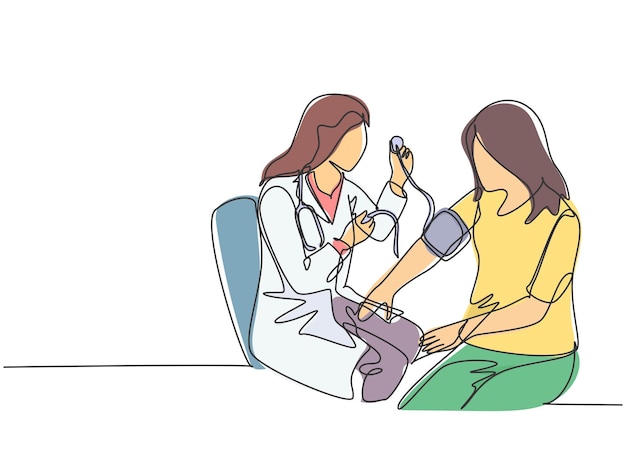 One continuous line drawing of female doctor checking pulse rate and blood tension using tensiometer