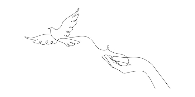 シンプルな直線的なスタイルで平和と自由の鳥のシンボルを両手で飛ぶ鳩の 1 つの連続線画国民労働運動アイコンのマスコット コンセプト落書きベクトル図
