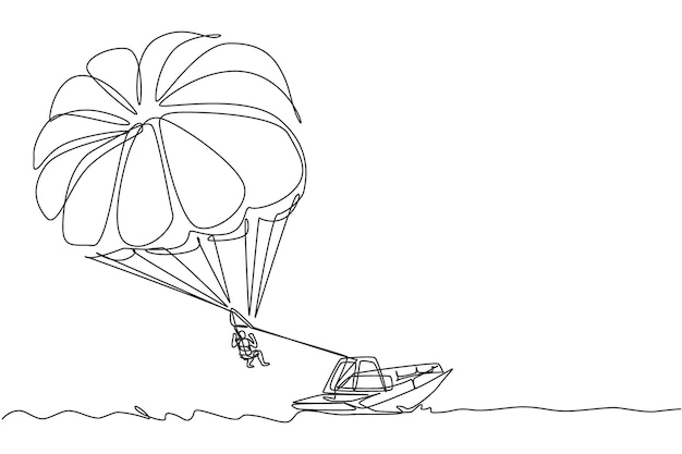 Vector one continuous line drawing of flying in the sky using parasailing parachute behind the boat vector