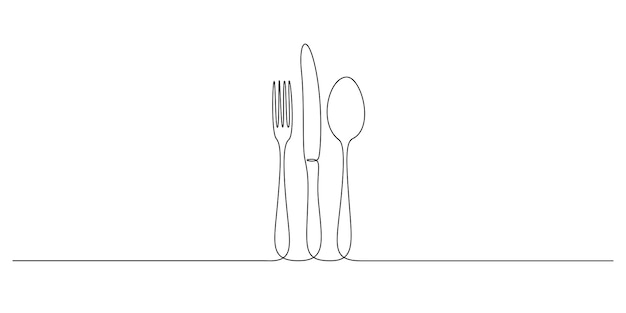 Un disegno a linea continua di strumenti alimentari cucchiaio forchetta e coltello per la decorazione menu di restauro in semplice stile lineare segno disegnato a mano o logo cafe doodle illustrazione vettoriale