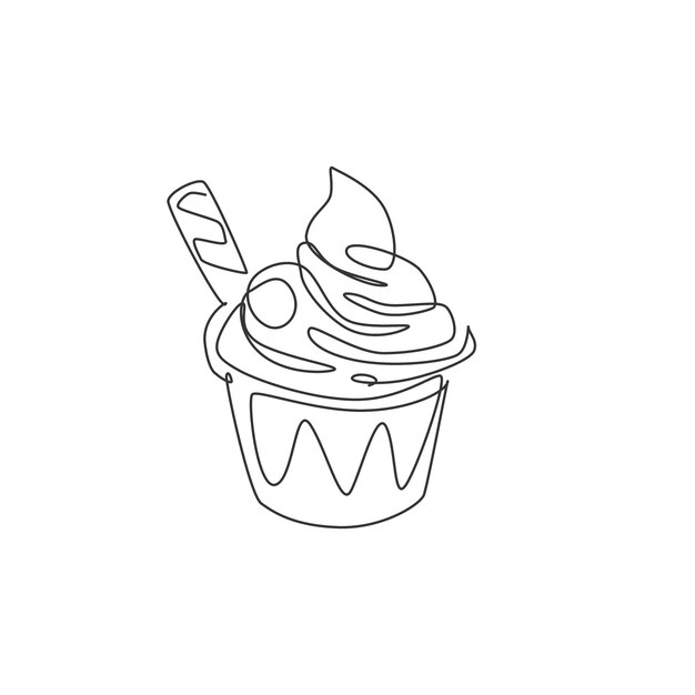 One continuous line drawing of a fresh delicious sundae ice cream cup with a wafer stick logo emblem