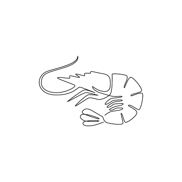 One continuous line drawing of fresh shrimp for seafood logo icon design vector illustration