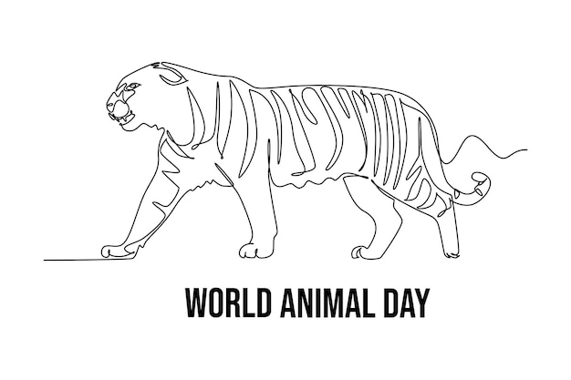 One continuous line drawing of funny cute Tiger World Animals Day Icon Trendy single line draw design vector graphic illustration