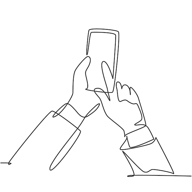 One continuous line drawing of gesture hands holding and touch the screen of smartphone transaction