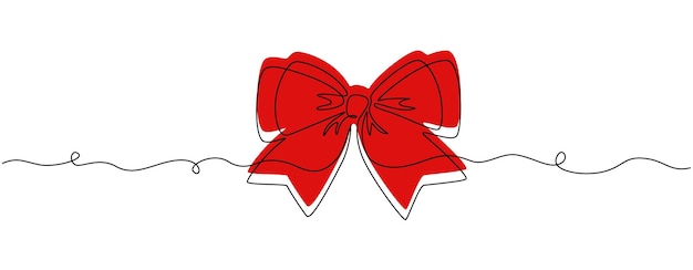 One continuous line drawing of gift ribbon red bow Christmas and birthday present wrap in simple linear style Concept of holiday and celebration in editable stroke Doodle vector illustration