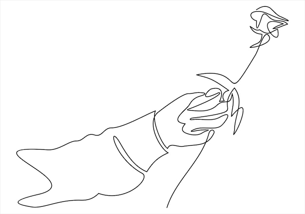One continuous line drawing of hand holding beautiful rose flower